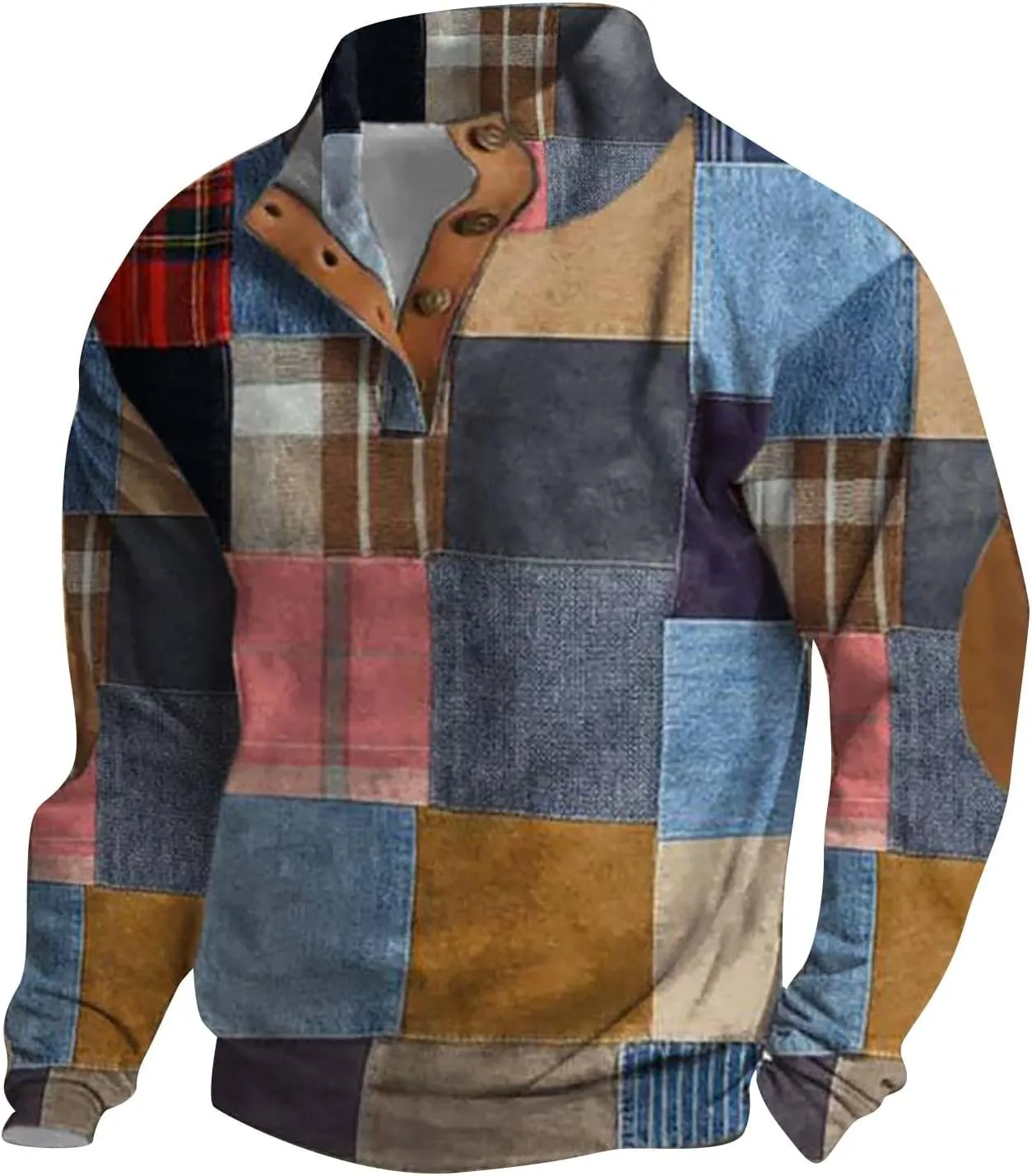 Men's Corduroy Sweatshirts Casual Printed Button Down Stand Collar Long Sleeve Henley Shirt Polo Pullover Sweatshirt
