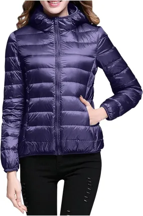 Packable Puffer Jacket Women Lightweight Short Down Jackets Winter Trendy Slim Fit Hooded Bubble Coat Light Puffer Jackets