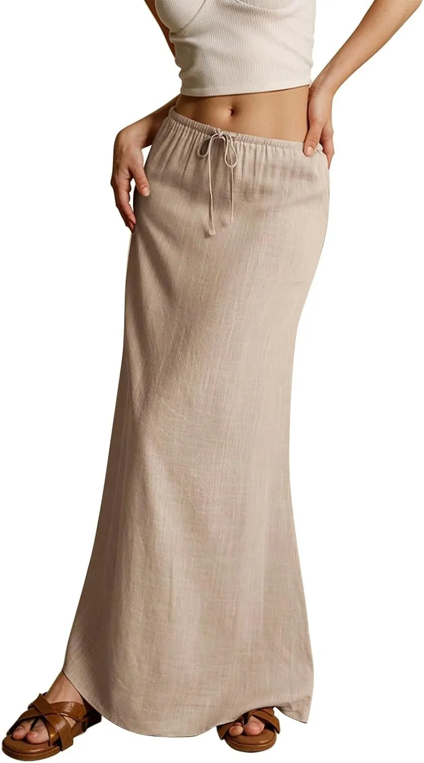 Rvidbe Spring Skirts for Women 2025 Summer Comfy Drawstring Sexy Low Waist Cotton Linen Skirts Vacation Boho Flowy Skirts
