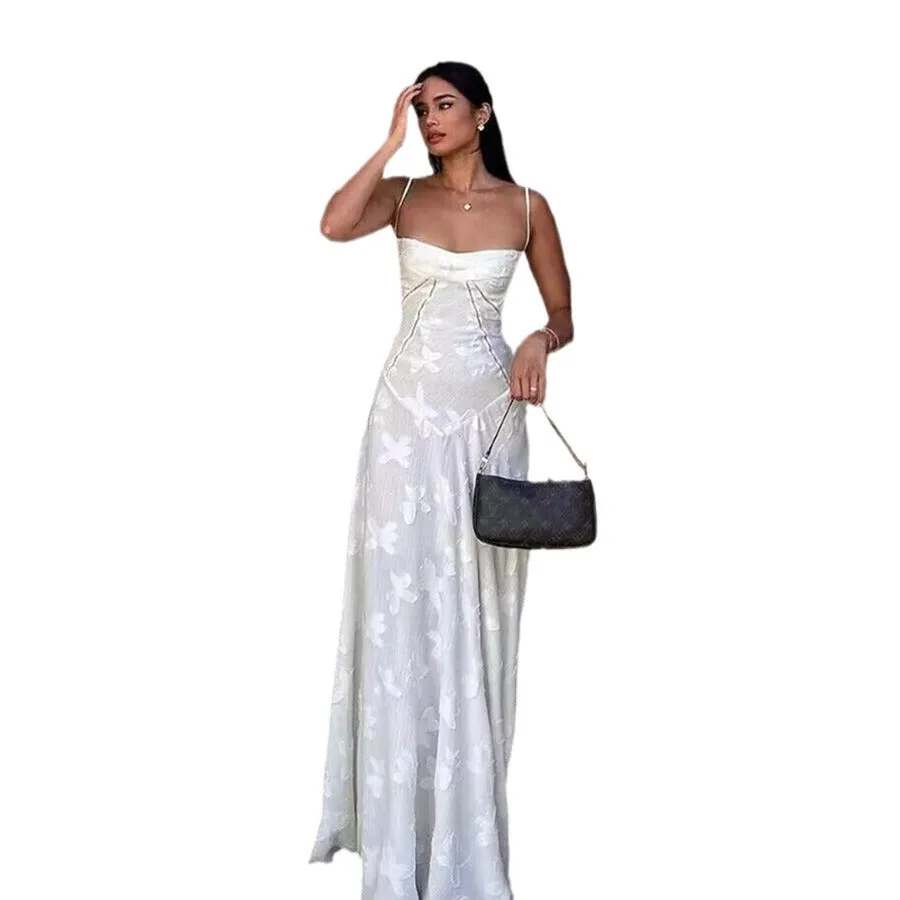 Slim backless fishbone white maxi dress