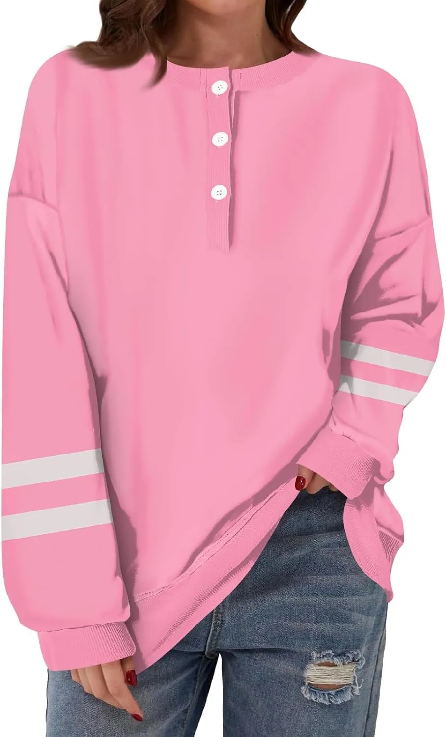 slqdgmryz Long Sleeve Tops for Women Spring Striped Color Block Henley Shirts Casual Crewneck Comfy Button Down Blouses