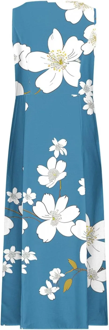 Summer Linen Sundress for Women 2024 Casual Sleeveless Scoop Neck Tank Dress with Pockets Vintage Graphic Beach Dress