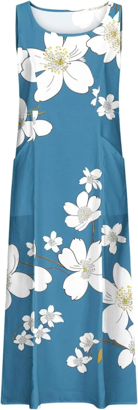 Summer Linen Sundress for Women 2024 Casual Sleeveless Scoop Neck Tank Dress with Pockets Vintage Graphic Beach Dress
