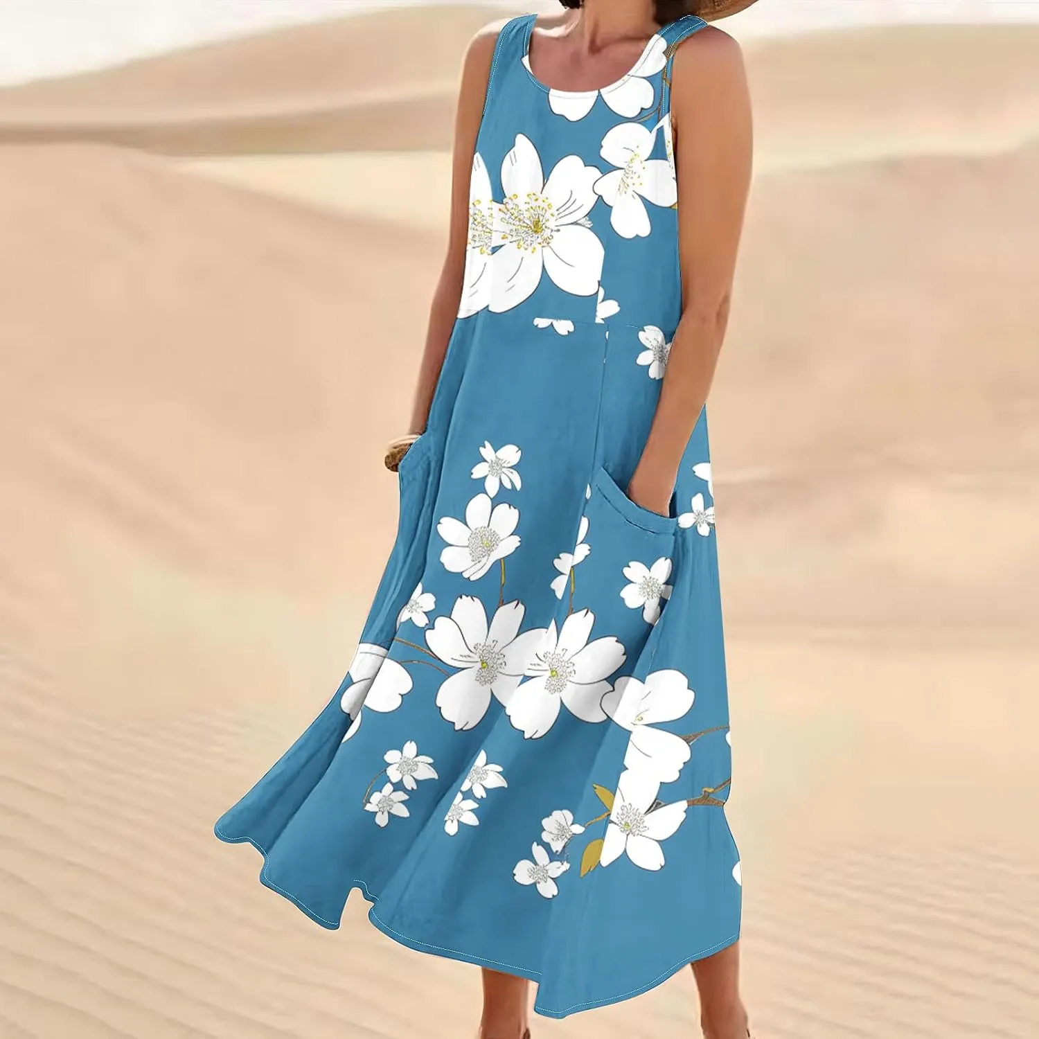 Summer Linen Sundress for Women 2024 Casual Sleeveless Scoop Neck Tank Dress with Pockets Vintage Graphic Beach Dress