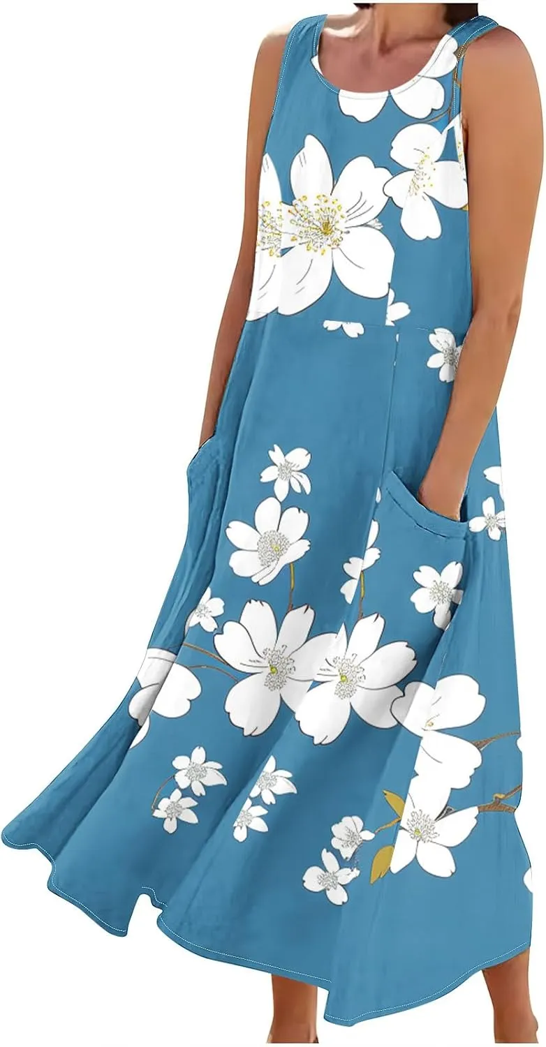 Summer Linen Sundress for Women 2024 Casual Sleeveless Scoop Neck Tank Dress with Pockets Vintage Graphic Beach Dress