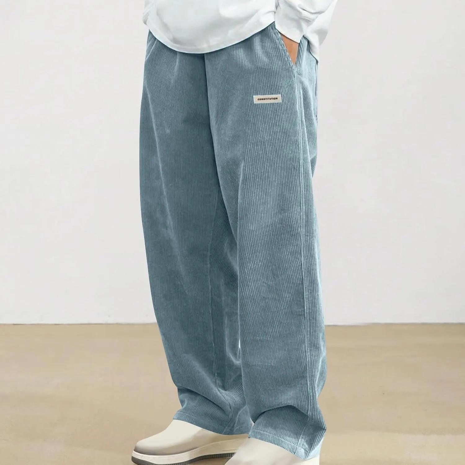 Sweatpants for Men Open Bottom Straight Leg Pants Fashion Comfy Corduroy Wide Leg Slacks Drawstring Waisted Trousers