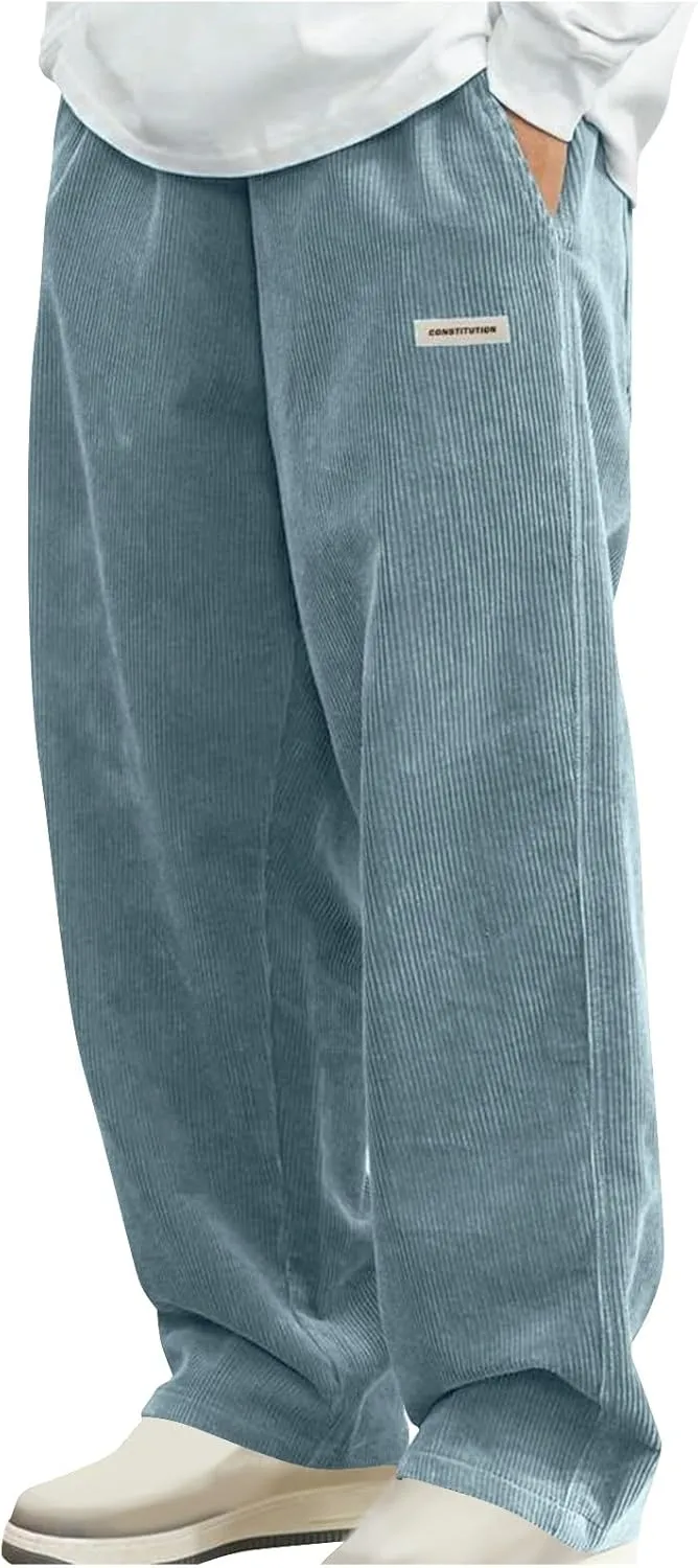 Sweatpants for Men Open Bottom Straight Leg Pants Fashion Comfy Corduroy Wide Leg Slacks Drawstring Waisted Trousers