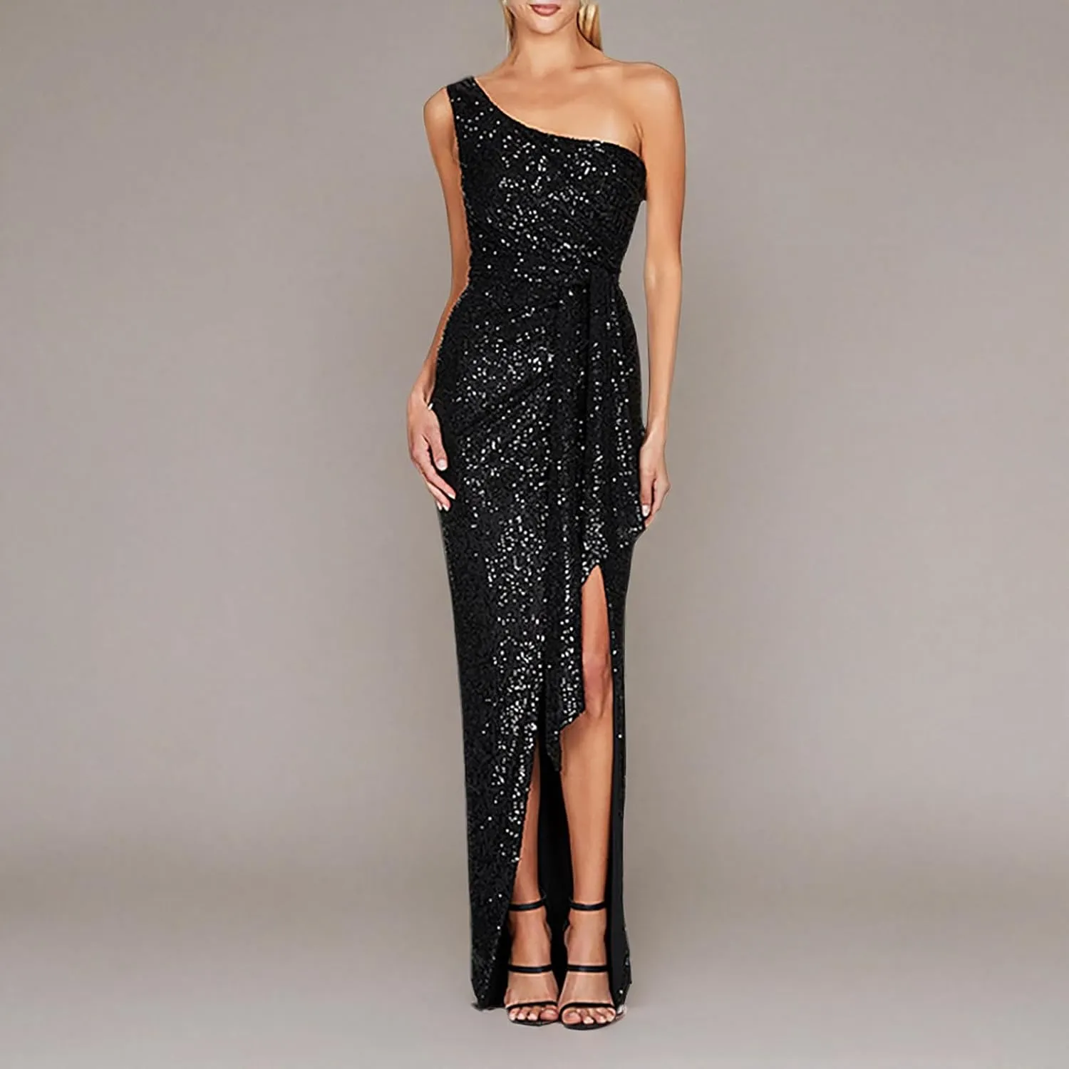 Uillui Women's Elegant Ruched Sequin Gowns Sexy One Shoulder Split Bodycon Maxi Formal Dress Glitter Sparkle Evening Dresses