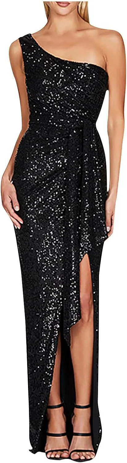 Uillui Women's Elegant Ruched Sequin Gowns Sexy One Shoulder Split Bodycon Maxi Formal Dress Glitter Sparkle Evening Dresses