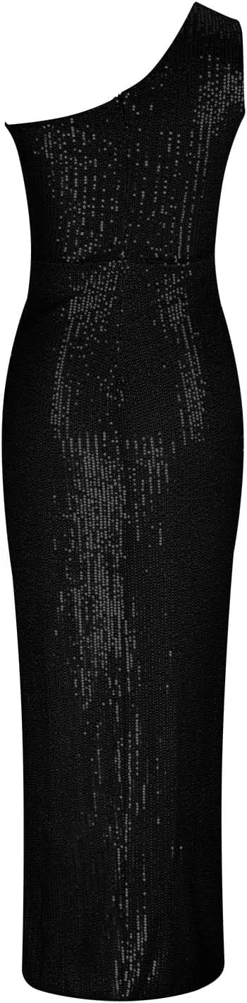 Uillui Women's Elegant Ruched Sequin Gowns Sexy One Shoulder Split Bodycon Maxi Formal Dress Glitter Sparkle Evening Dresses