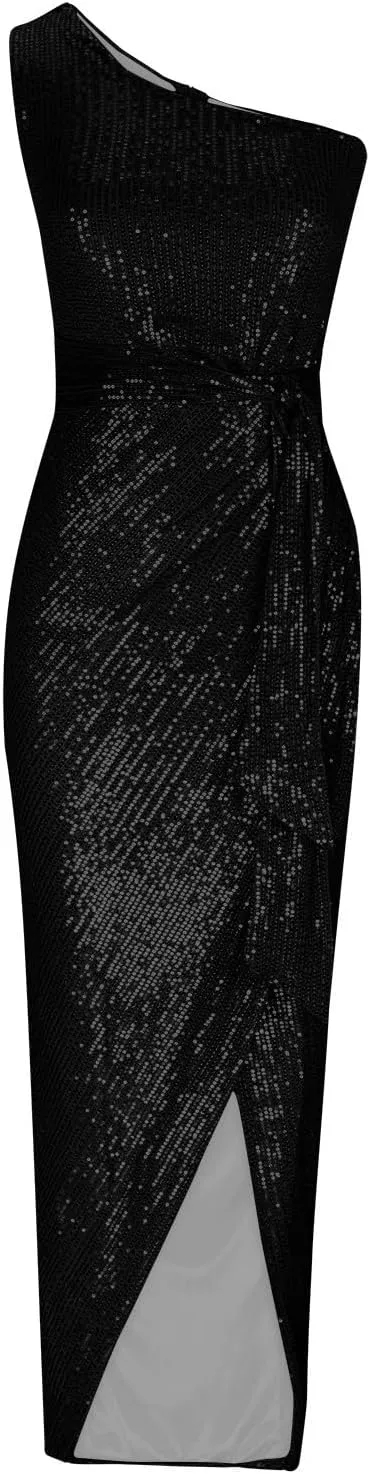 Uillui Women's Elegant Ruched Sequin Gowns Sexy One Shoulder Split Bodycon Maxi Formal Dress Glitter Sparkle Evening Dresses