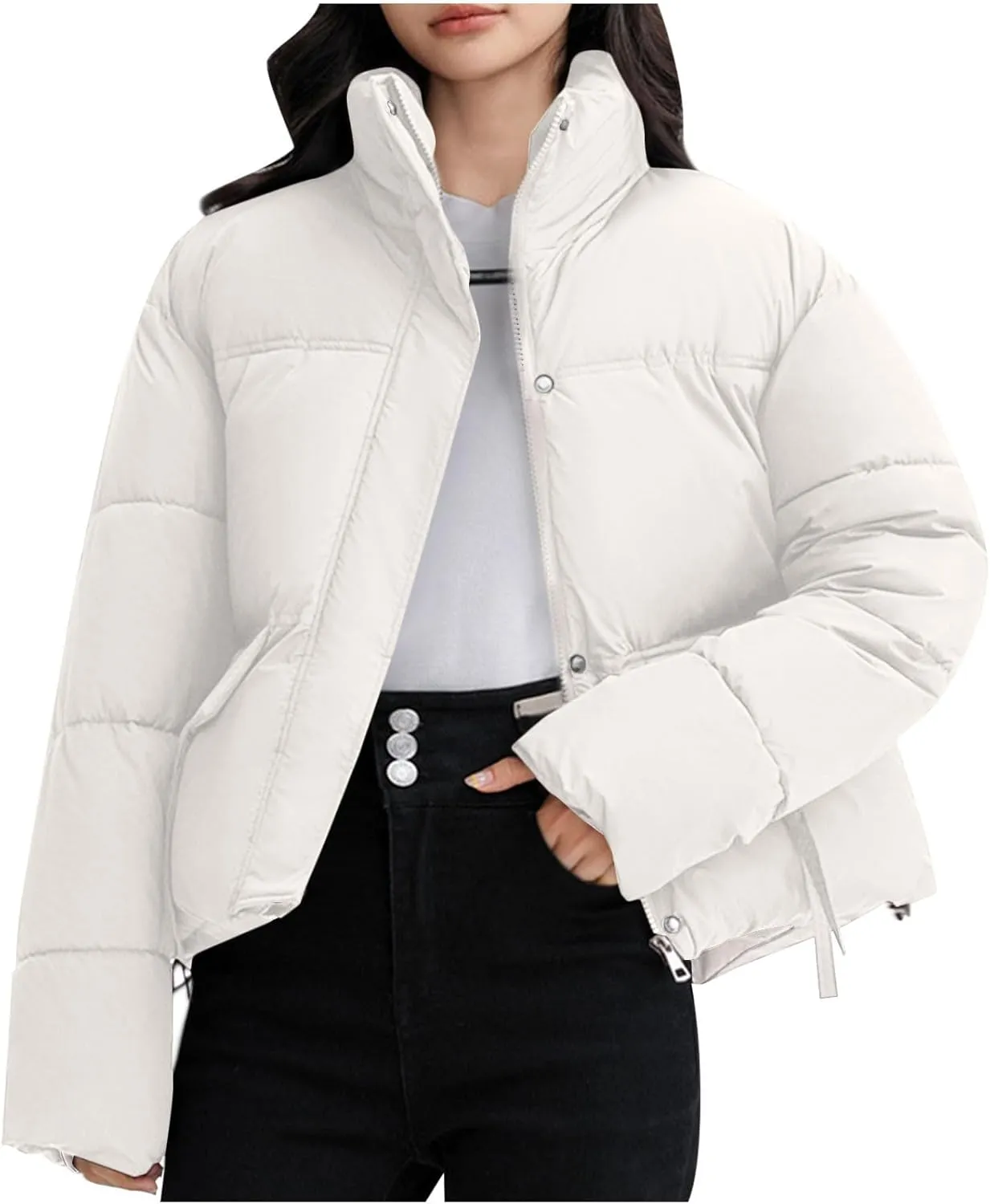 Winter Jackets for Women 2024 Fashion Cropped Puffer Jacket Thicken Warm down Coat Zip up Stand Collar Quilted Outwear