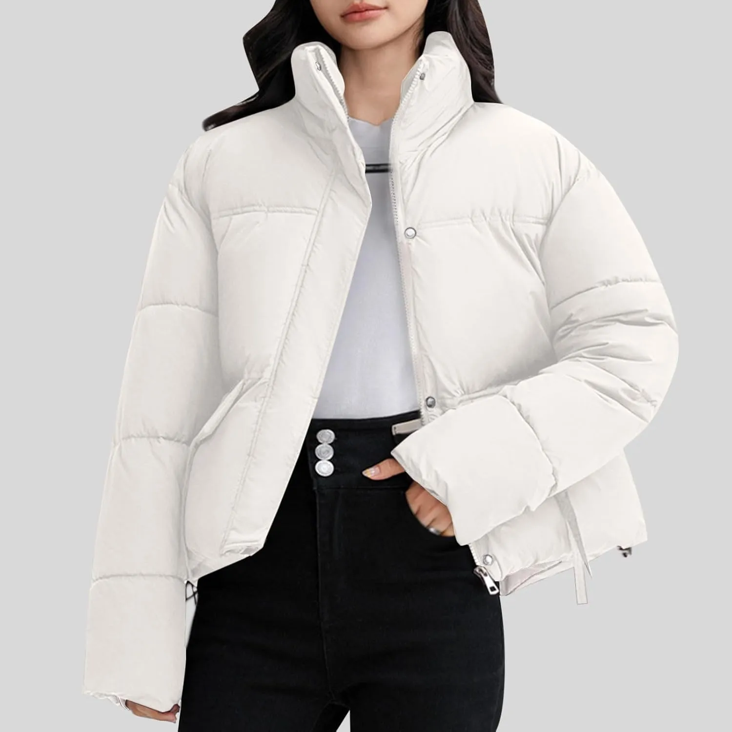 Winter Jackets for Women 2024 Fashion Cropped Puffer Jacket Thicken Warm down Coat Zip up Stand Collar Quilted Outwear
