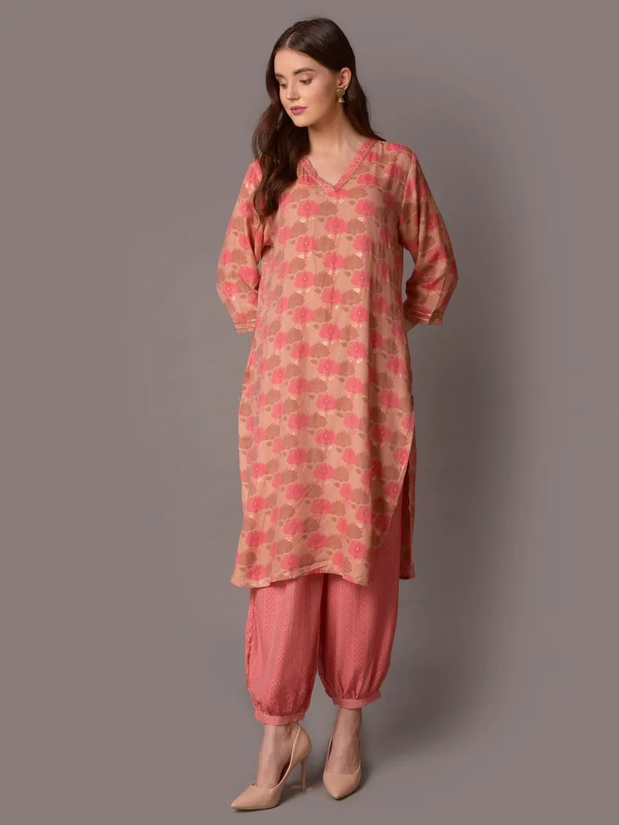 Women Pink Floral Printed Kurta Harem Pant Dupatta