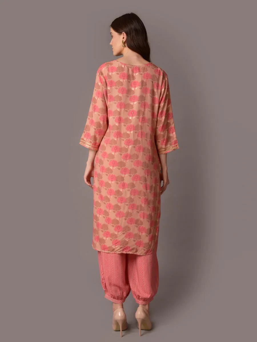 Women Pink Floral Printed Kurta Harem Pant Dupatta