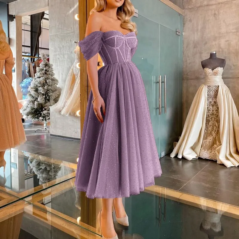 Women Retro Dress Fashion New Short Sleeve Solid Mid Length Dress Sexy Off Shoulder Purple Party Dress