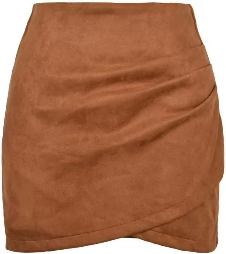 Women Skirts High Waist Pleated Wrap Faux Suede Mini Skirts Zipper A-Line Above Knee Bodycon Mini Skirts Pencil Skirt