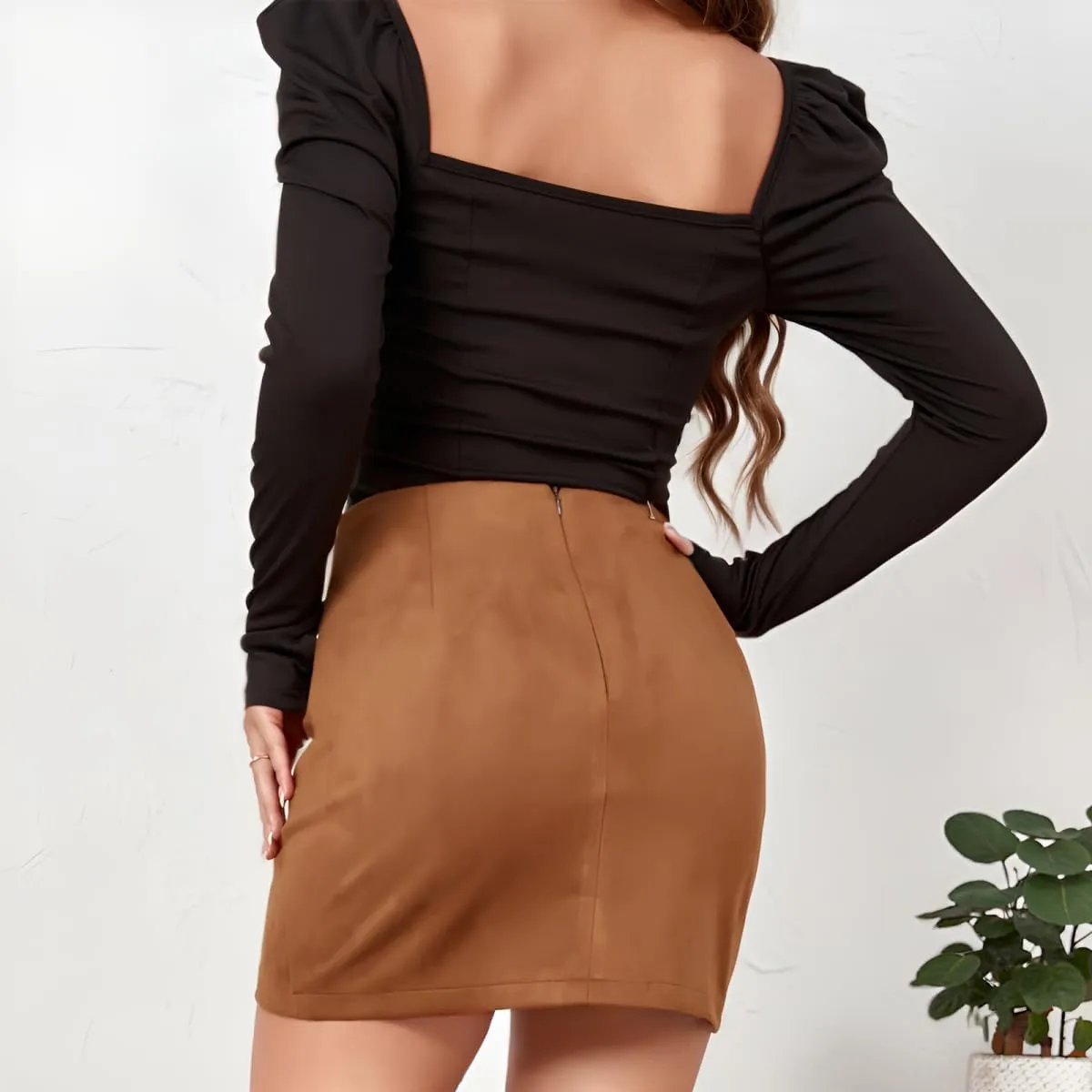Women Skirts High Waist Pleated Wrap Faux Suede Mini Skirts Zipper A-Line Above Knee Bodycon Mini Skirts Pencil Skirt