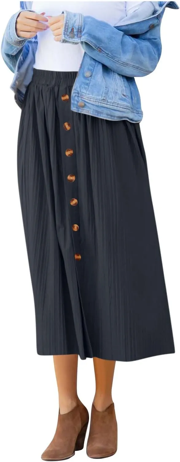 Women Summer Casual Midi Skirts Elastic High Waisted Button Down Solid Color Pleated Comfy A Line Beach Skirt