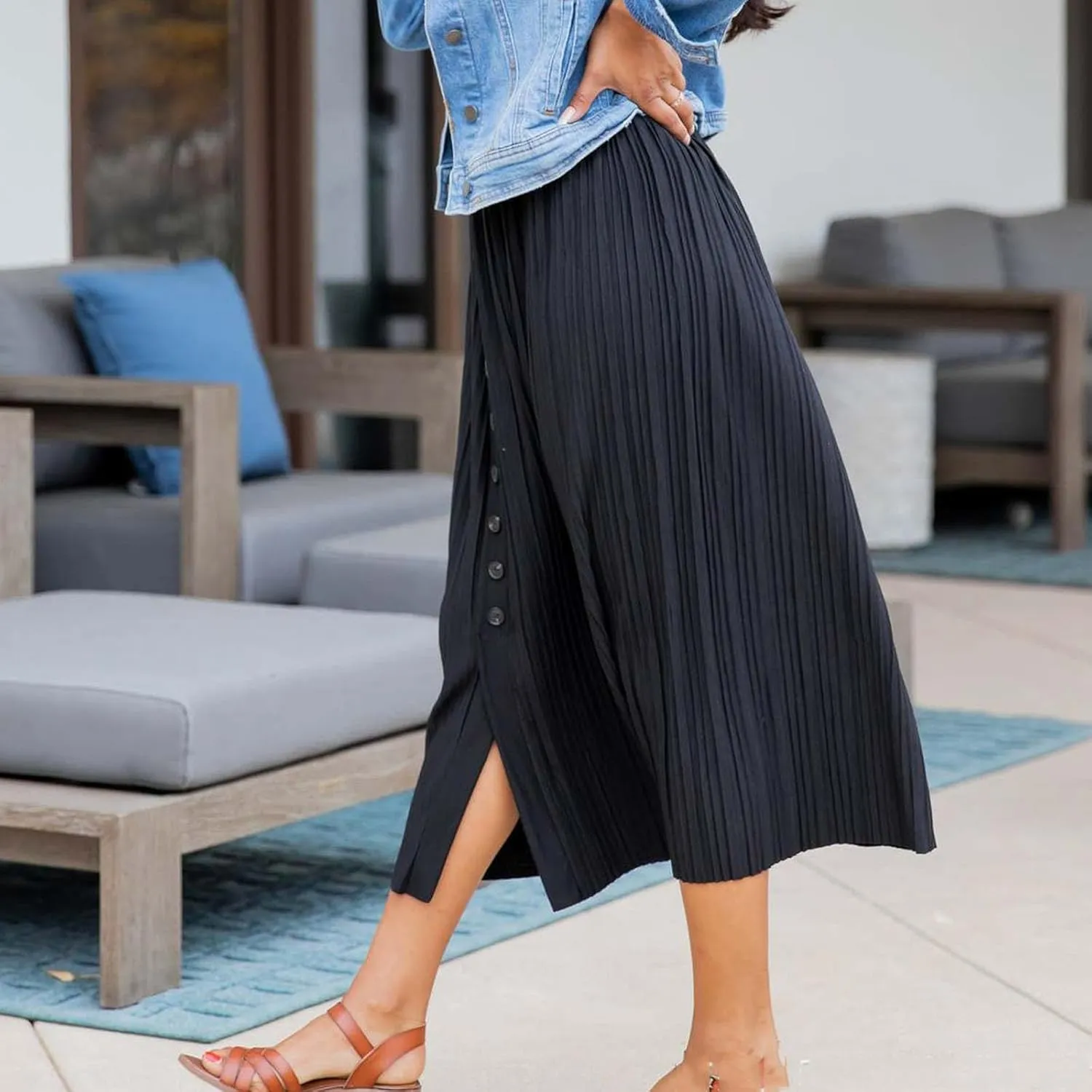 Women Summer Casual Midi Skirts Elastic High Waisted Button Down Solid Color Pleated Comfy A Line Beach Skirt