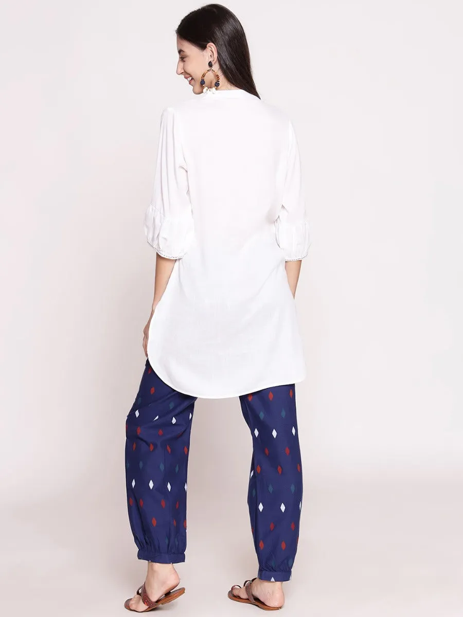 Women White Solid Kurta With Harem Pant