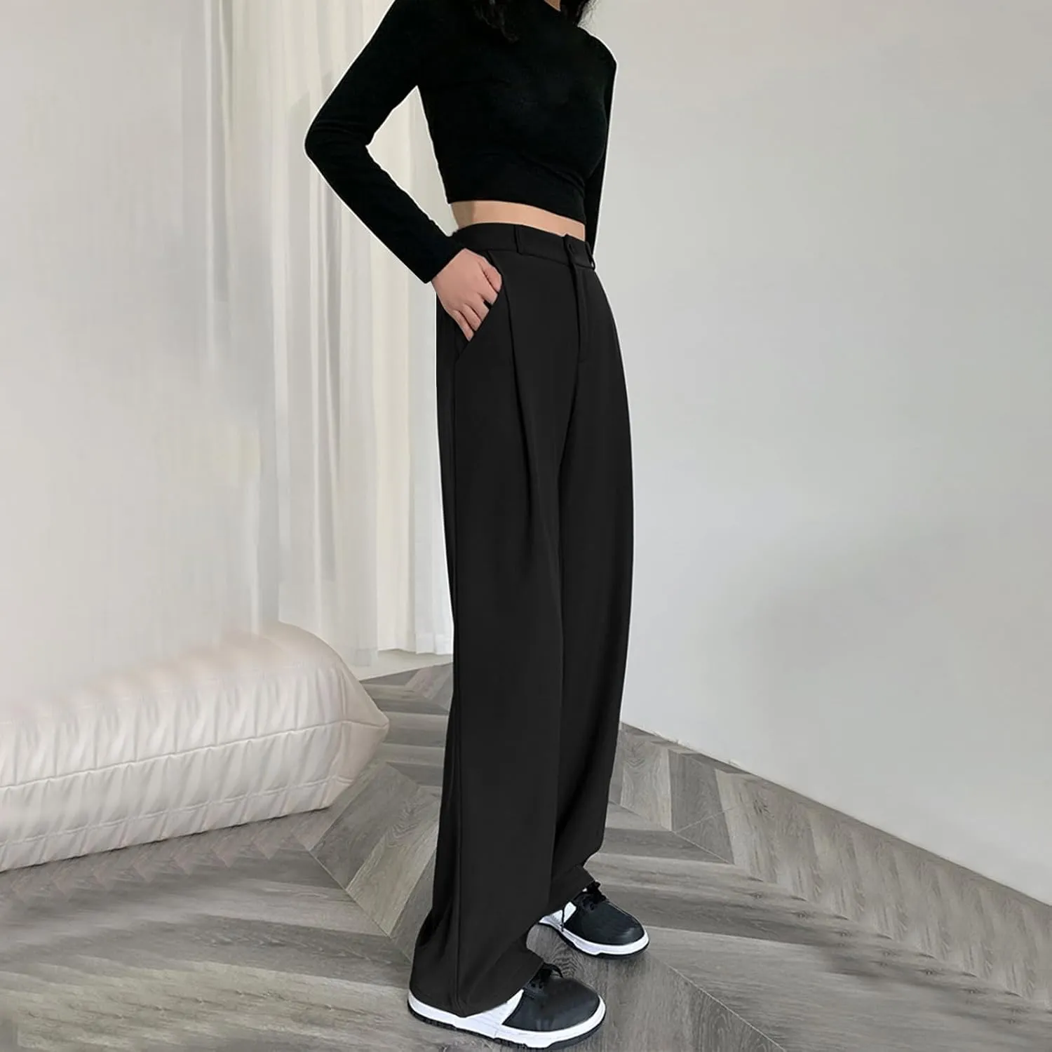 Womens Casual Wide Leg Pants High Waisted Button Down Straight Long Trousers Palazzo Pants Business Office Flowy Pants