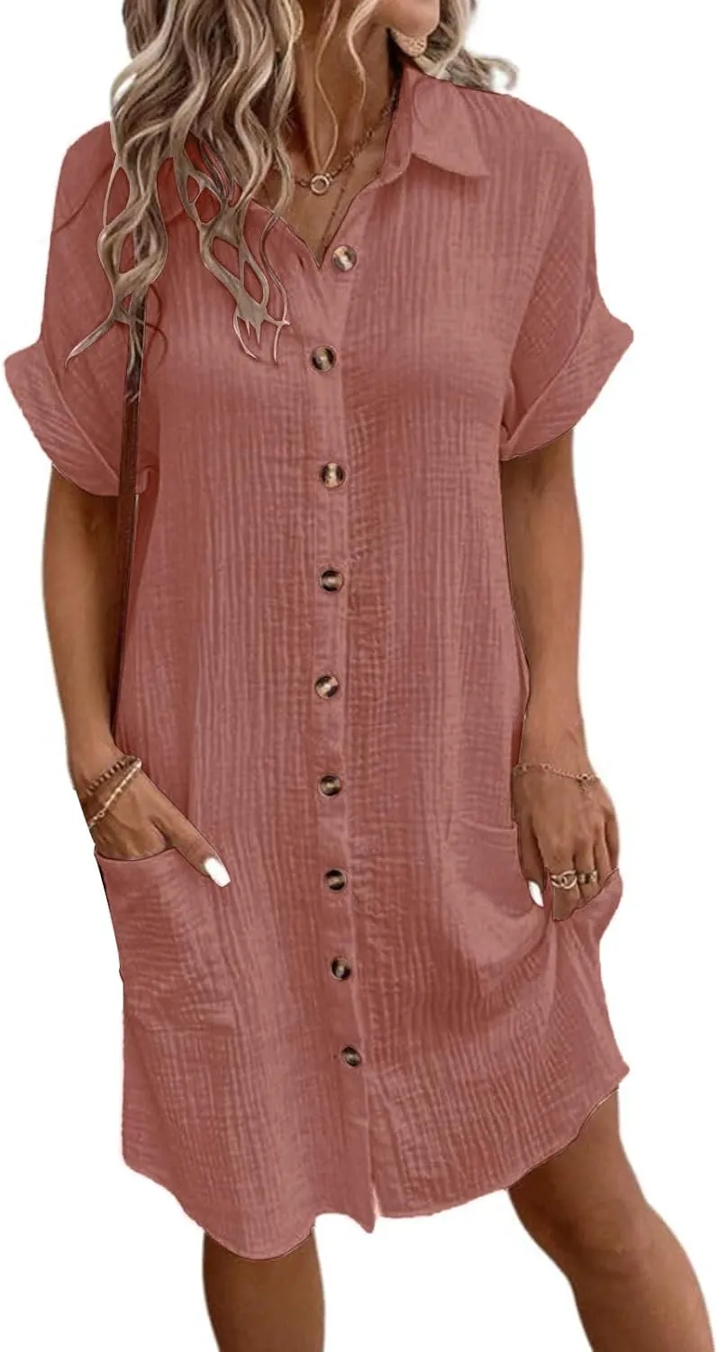 Womens Cotton Linen Dresses Casual Short Sleeve Button Down Shirt Midi Dress Summer Loose Fit Tunic Dresses