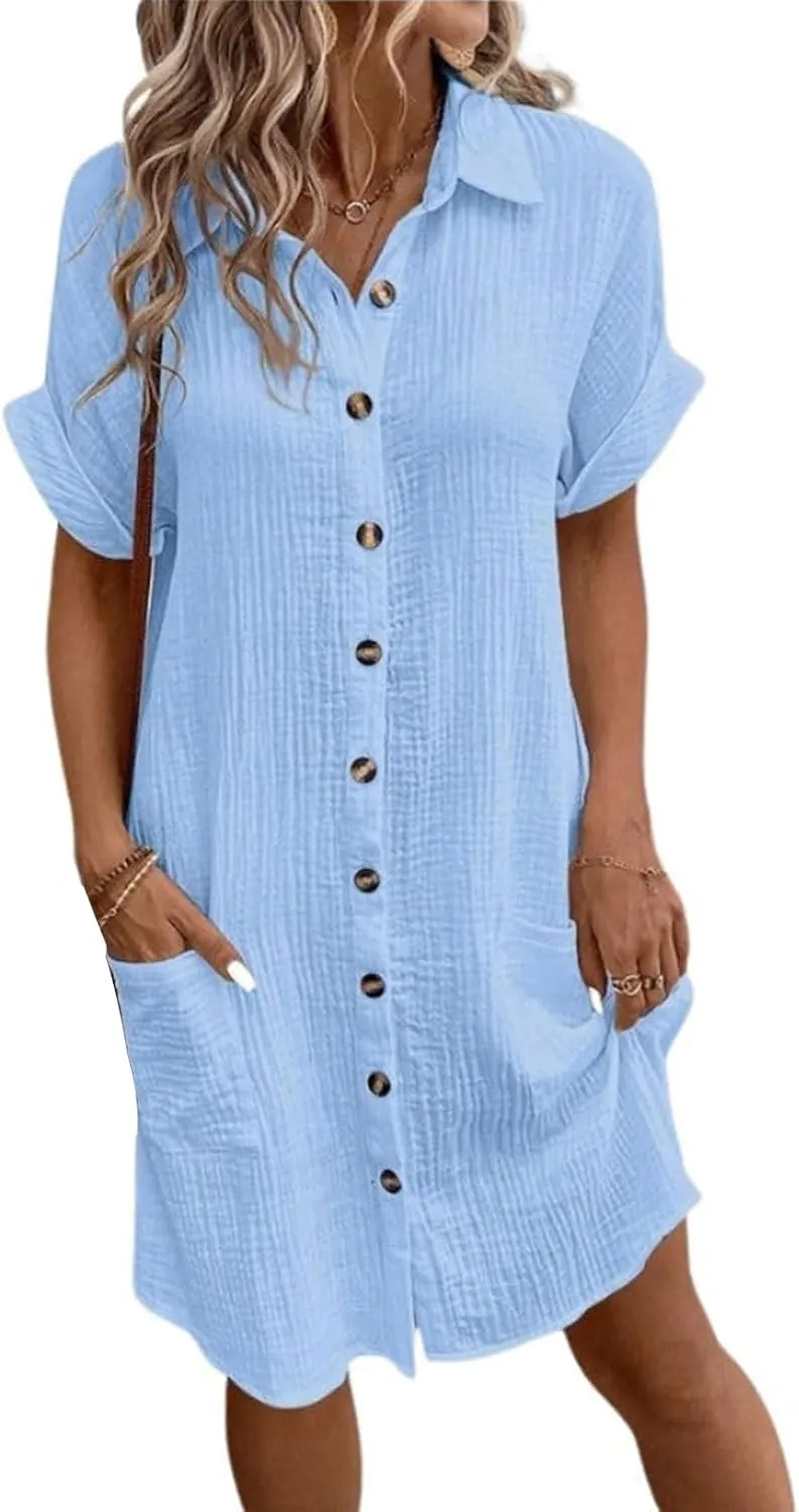 Womens Cotton Linen Dresses Casual Short Sleeve Button Down Shirt Midi Dress Summer Loose Fit Tunic Dresses