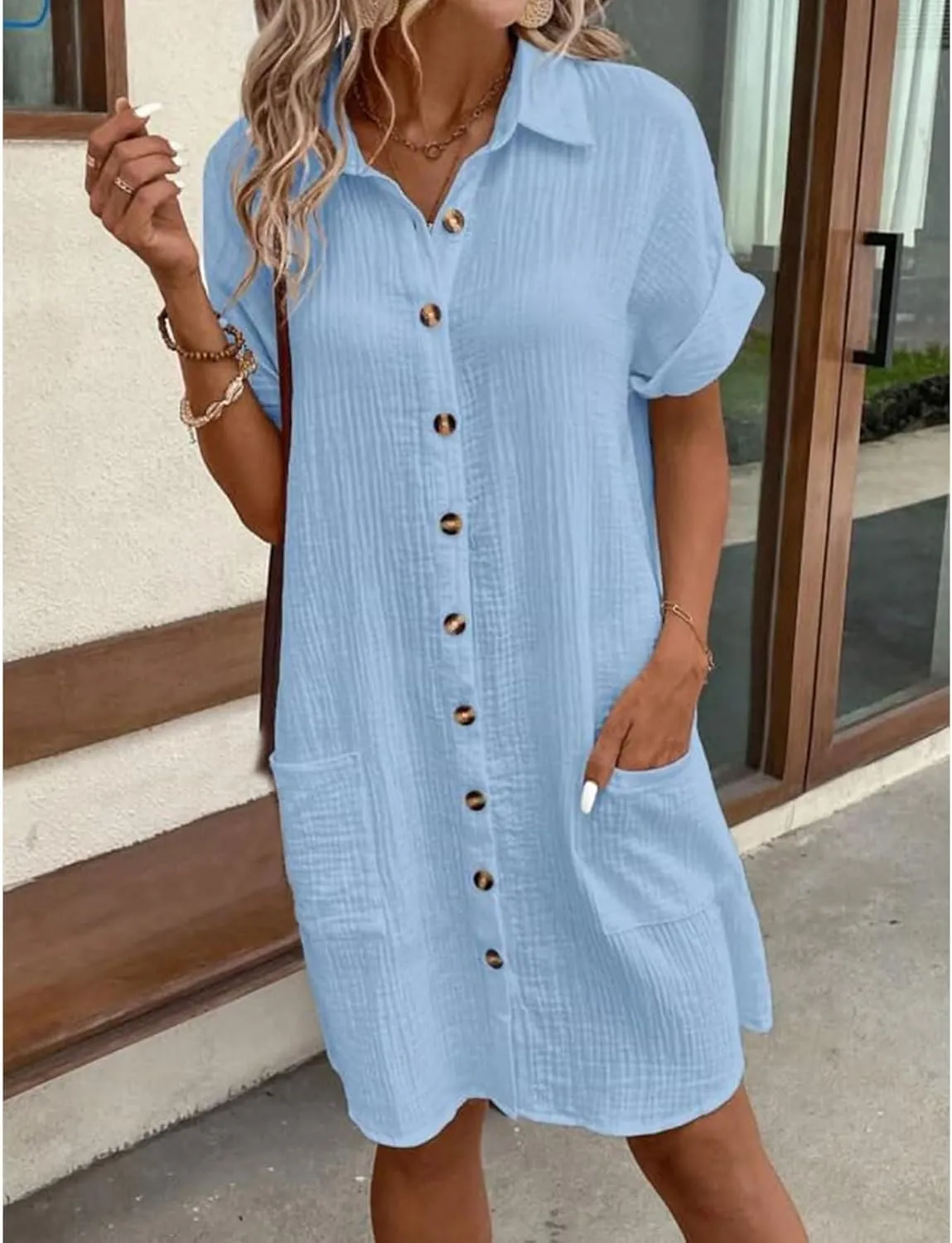 Womens Cotton Linen Dresses Casual Short Sleeve Button Down Shirt Midi Dress Summer Loose Fit Tunic Dresses