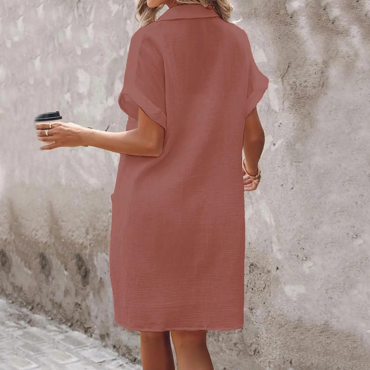 Womens Cotton Linen Dresses Casual Short Sleeve Button Down Shirt Midi Dress Summer Loose Fit Tunic Dresses