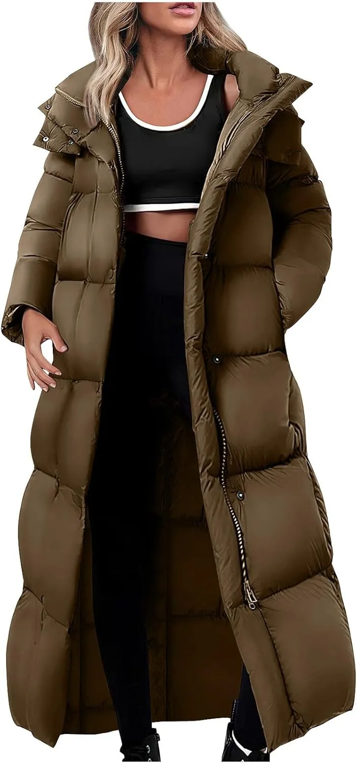 Womens Down Jacket with Hood Plus Size Thickened Winter Quilted Long Down Coats for Women Hooded Puffer Jacket