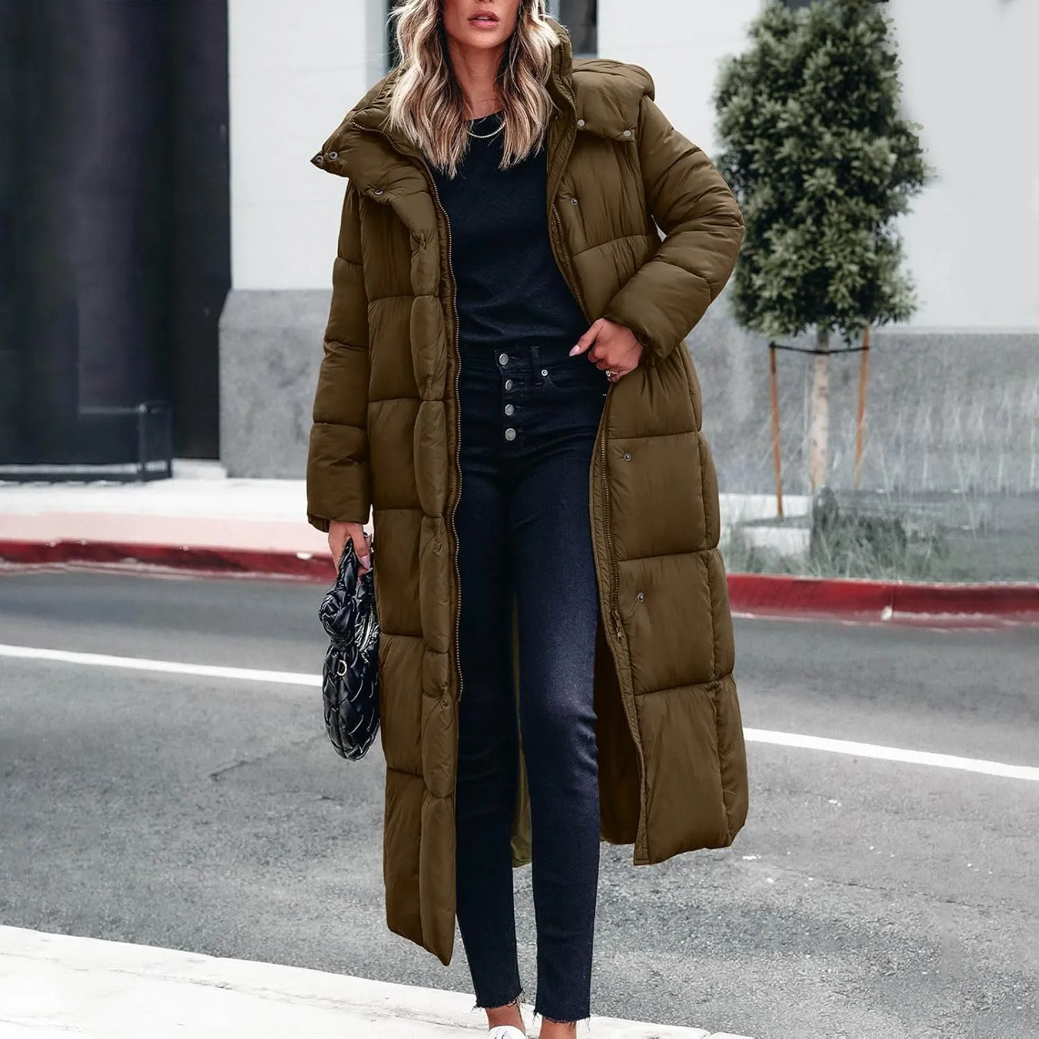Womens Down Jacket with Hood Plus Size Thickened Winter Quilted Long Down Coats for Women Hooded Puffer Jacket