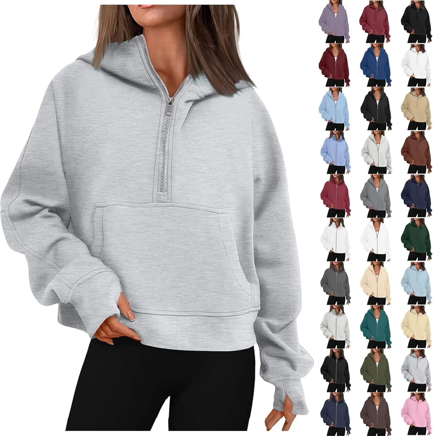 Womens Half Zip Pullovers Casual Long Sleeve Pullover Sweatshirt Thumb Hole Cropped Sweatshirts with Pocket
