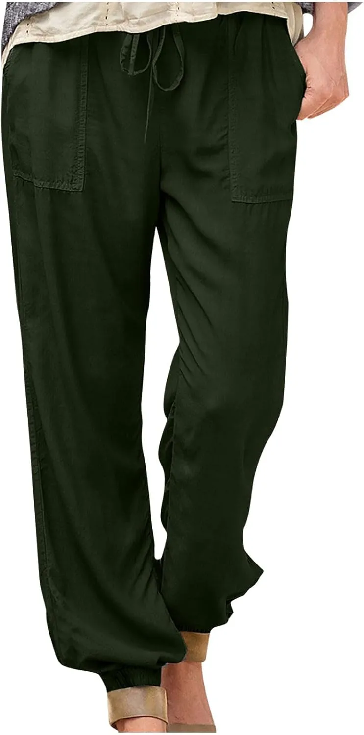 Women's Linen Casual Pants Drawstring Elastic Waist Straight Leg Loose Cinch Bottom Trousers Sweatpants with Pockets