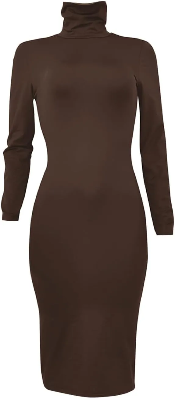 Women's Long Sleeve Turtleneck Dresses 2024 Trendy Sexy Basic Mock Neck Midi Dresses Holiday Party Bodycon Pencil Dress