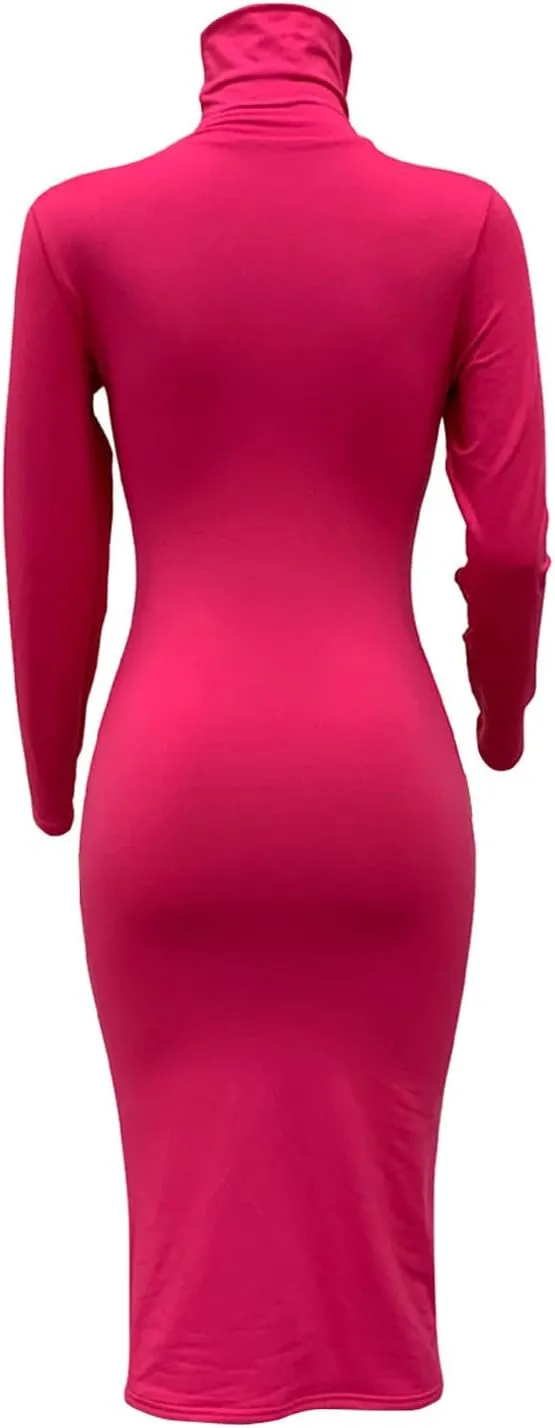 Women's Long Sleeve Turtleneck Dresses 2024 Trendy Sexy Basic Mock Neck Midi Dresses Holiday Party Bodycon Pencil Dress