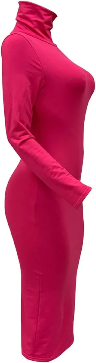 Women's Long Sleeve Turtleneck Dresses 2024 Trendy Sexy Basic Mock Neck Midi Dresses Holiday Party Bodycon Pencil Dress