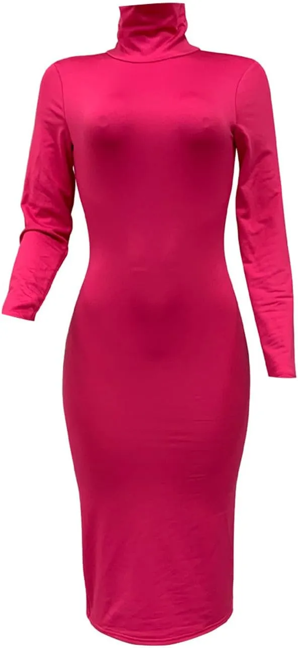 Women's Long Sleeve Turtleneck Dresses 2024 Trendy Sexy Basic Mock Neck Midi Dresses Holiday Party Bodycon Pencil Dress