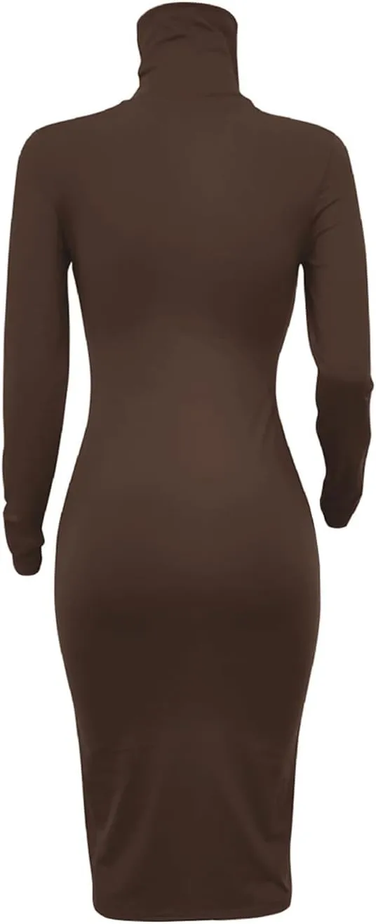 Women's Long Sleeve Turtleneck Dresses 2024 Trendy Sexy Basic Mock Neck Midi Dresses Holiday Party Bodycon Pencil Dress