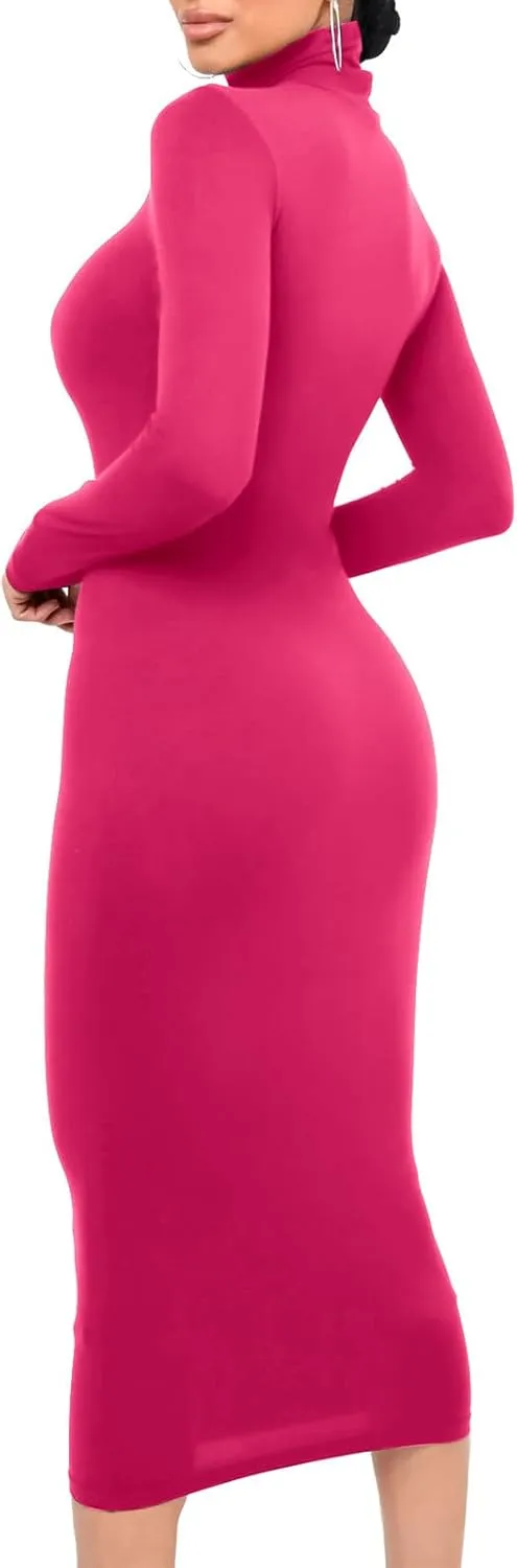 Women's Long Sleeve Turtleneck Dresses 2024 Trendy Sexy Basic Mock Neck Midi Dresses Holiday Party Bodycon Pencil Dress