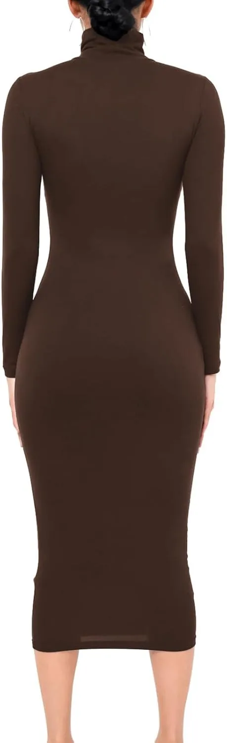 Women's Long Sleeve Turtleneck Dresses 2024 Trendy Sexy Basic Mock Neck Midi Dresses Holiday Party Bodycon Pencil Dress