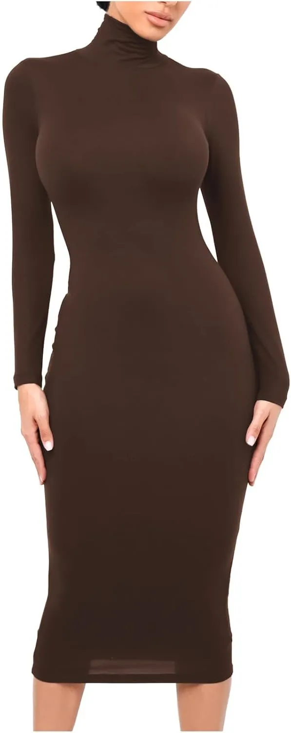 Women's Long Sleeve Turtleneck Dresses 2024 Trendy Sexy Basic Mock Neck Midi Dresses Holiday Party Bodycon Pencil Dress