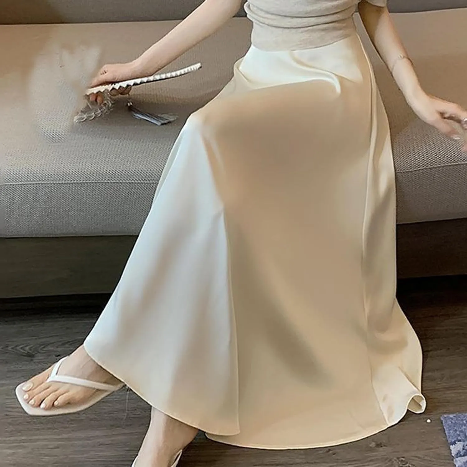 Womens Maxi Skirts Satin Silk Elegant Dressy Elastic High Waist Evening Cocktail Party A-Line Summer Long Skirt