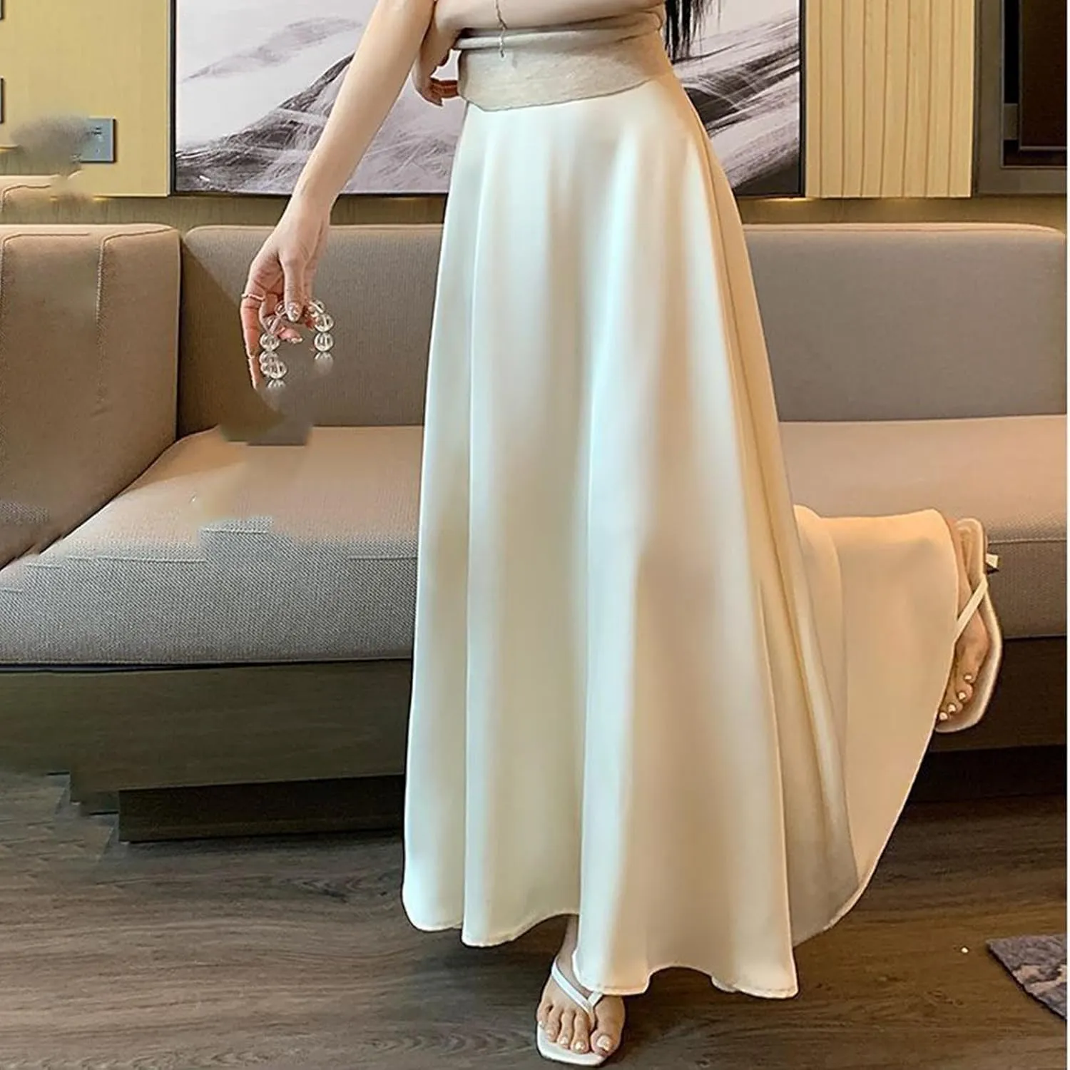 Womens Maxi Skirts Satin Silk Elegant Dressy Elastic High Waist Evening Cocktail Party A-Line Summer Long Skirt