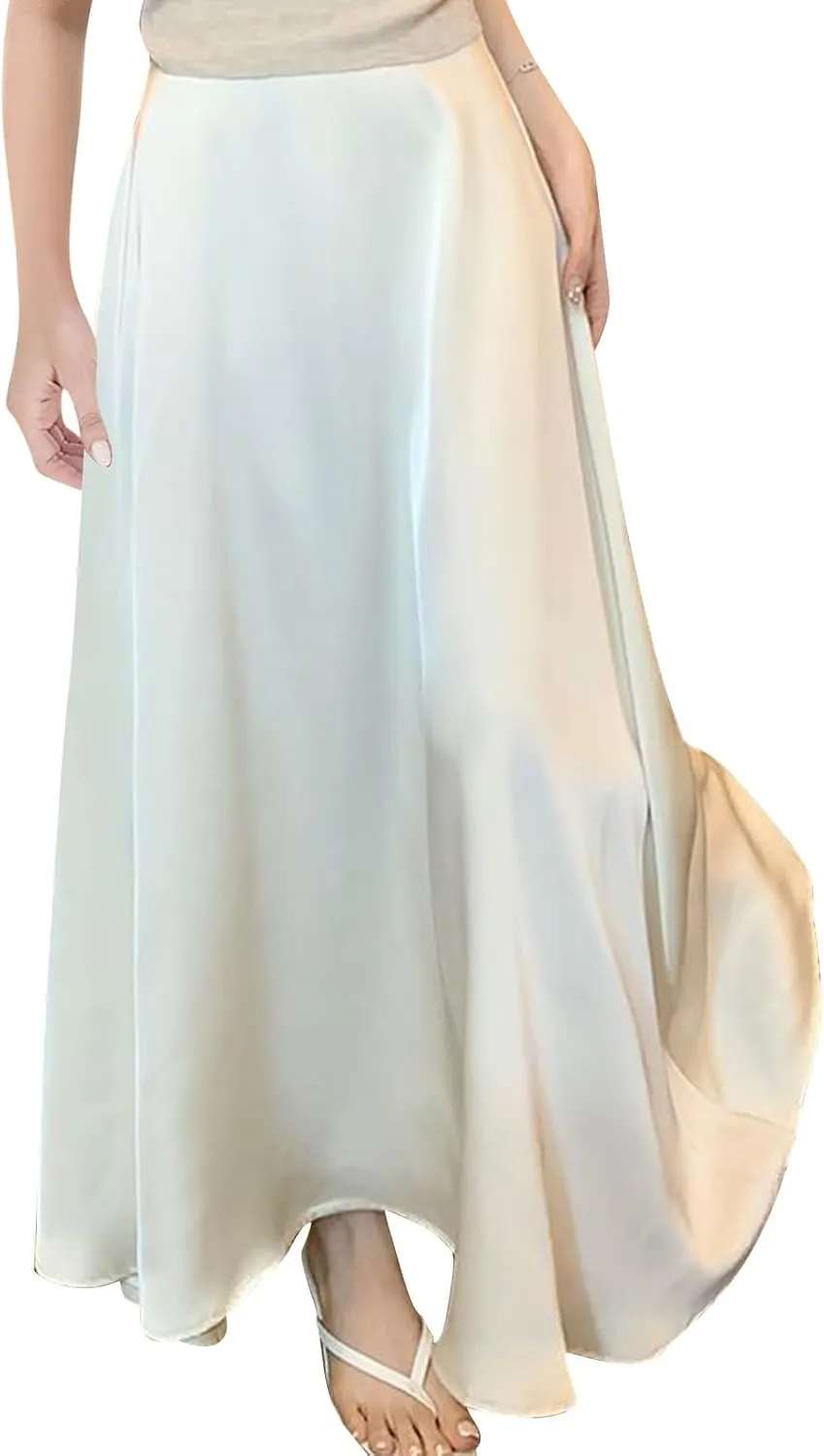 Womens Maxi Skirts Satin Silk Elegant Dressy Elastic High Waist Evening Cocktail Party A-Line Summer Long Skirt