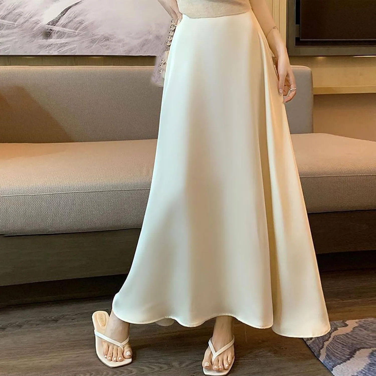 Womens Maxi Skirts Satin Silk Elegant Dressy Elastic High Waist Evening Cocktail Party A-Line Summer Long Skirt