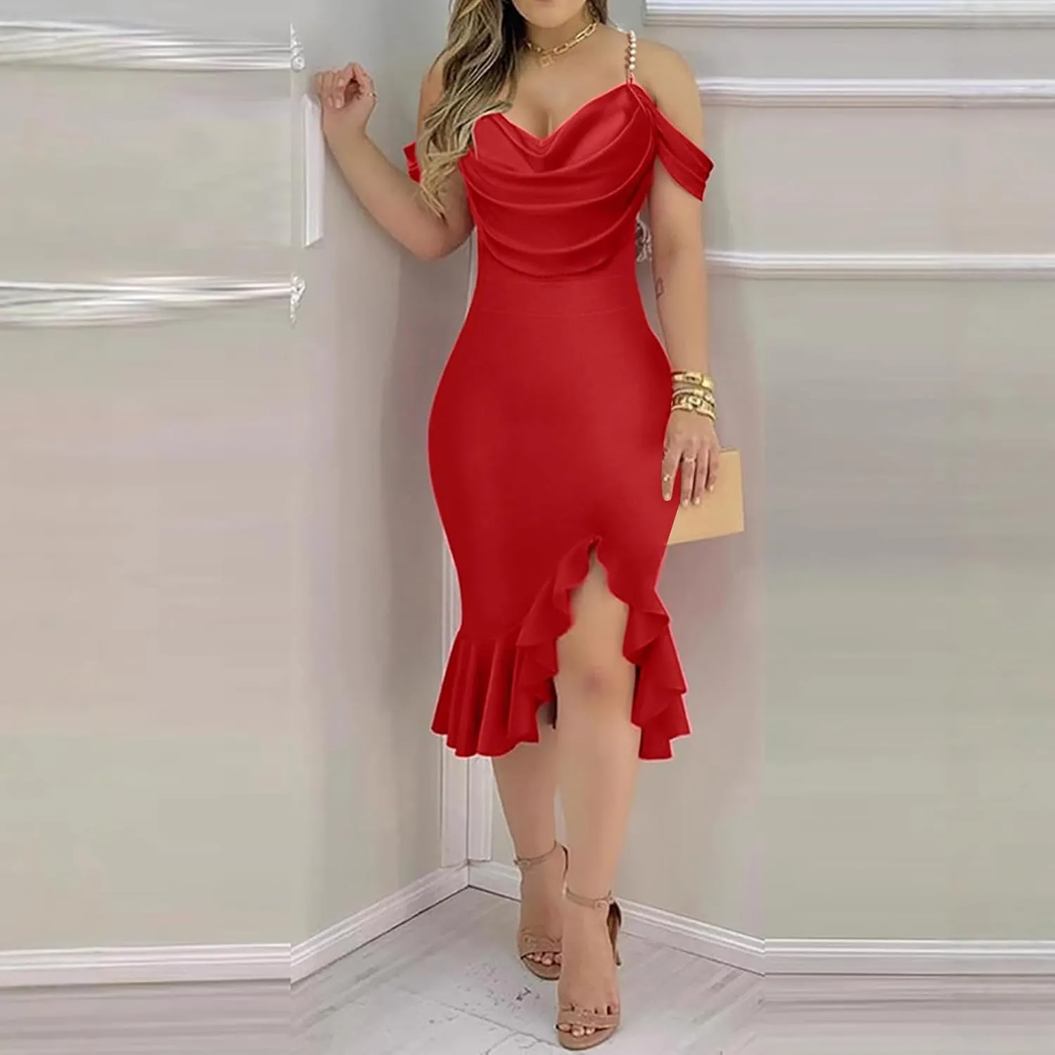 Womens Sexy Bodycon Party Dress Off The Shoulder Pearls Strap Midi Dresses Ruffle Hem Elegant Cocktail Formal Dresses