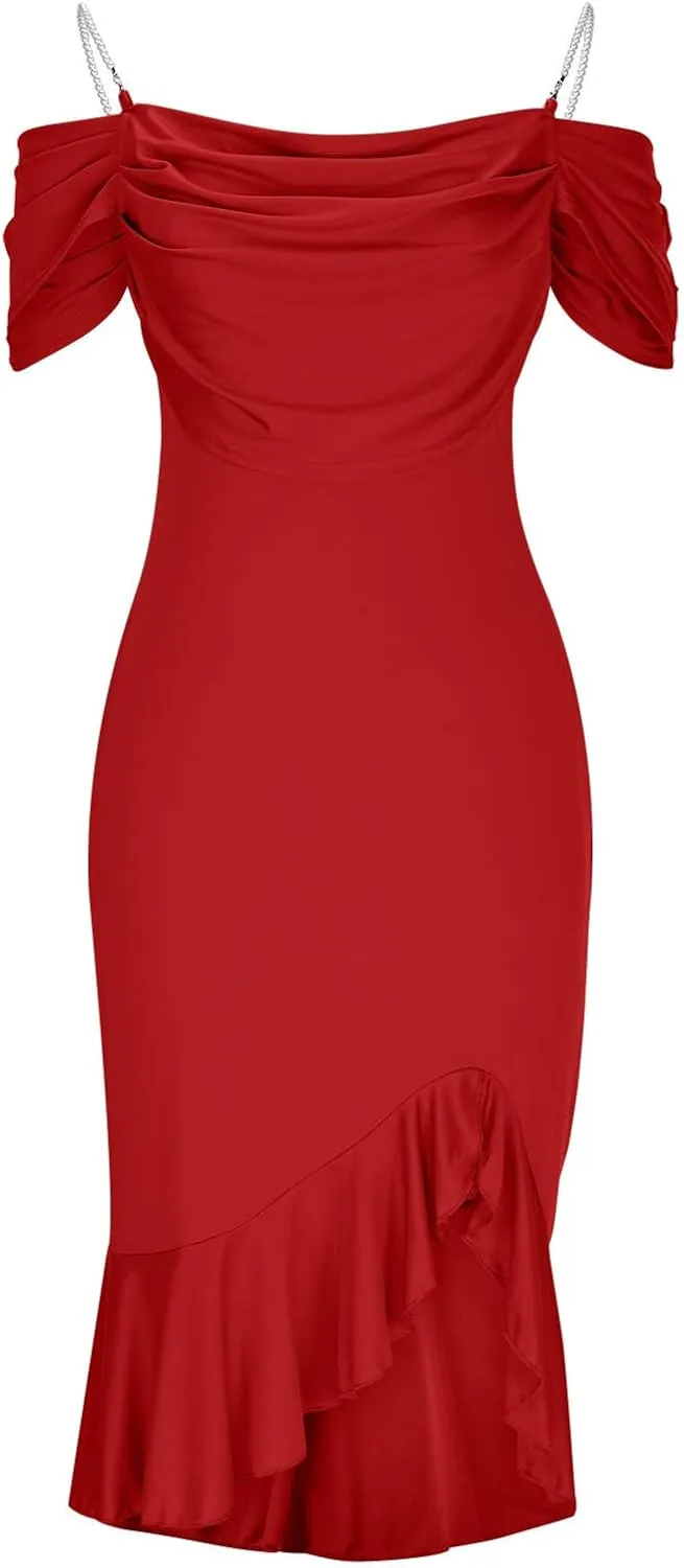 Womens Sexy Bodycon Party Dress Off The Shoulder Pearls Strap Midi Dresses Ruffle Hem Elegant Cocktail Formal Dresses