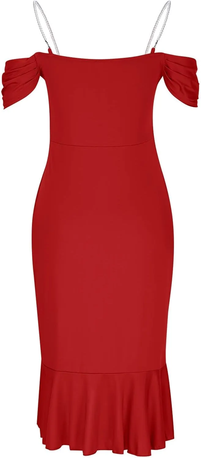 Womens Sexy Bodycon Party Dress Off The Shoulder Pearls Strap Midi Dresses Ruffle Hem Elegant Cocktail Formal Dresses