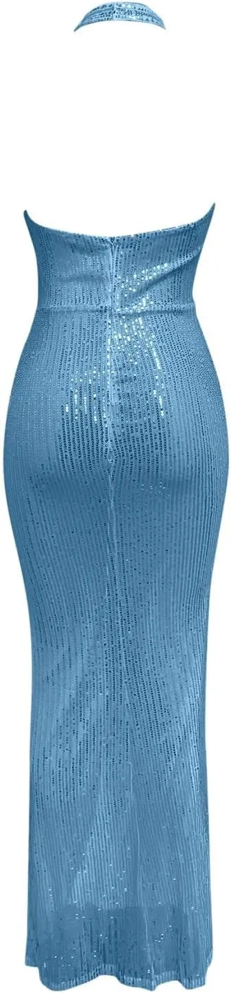Women's Sexy Halter Neck Bodycon Sequin Gown Evening Dress with Slit Sleeveless Cocktail Prom Club Party Maxi Dresses